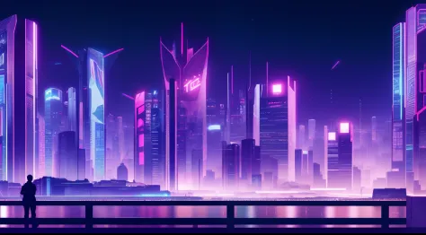 Papel de parede cyberpunk cidade noite roxa com uma garota com estilo roxo no fundo observando a cidade de costas
