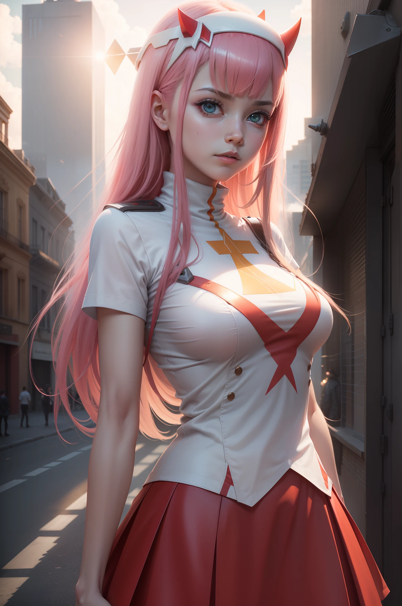 ((Zero Two Darling en el Franxx)),  8k, Obra maestra, La mejor calidad, fotorrealista, Ultra detallado, 1 girl,  textura realista de la piel, senos grandes, Mira hacia el espectador, , Camiseta suelta de medio corte,, Underboobs, debajo de los senos, Micro mini falda, , movie lighting, Enfoque facial, Ojos finos, Cara detallada, Cara bien iluminada, Rayos de sol, Al aire libre en una ciudad ciberpunk, Low-angle shot, Vista desde arriba