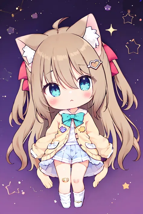 neuro-sama, cat girl, solo, gloves, fluffy clothes, pants, sweater, sleeves, socks, slippers, pastel colors, (purple, blue, pink, yellow), cozy, dreamy, stars, stickers, bubbles, glitter, sparkles, plushies, headphones