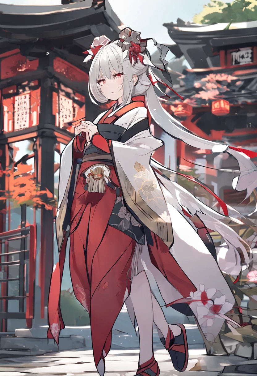 One wears a kimono，Woman in dress standing in front of the shrine, From Genshin From Arknights, cute anime waifu in a nice dress, From Genshin Impact， white-haired god, official character art, Fine details. Girl Front, azur lane style, Kantai collection style，Bigchest