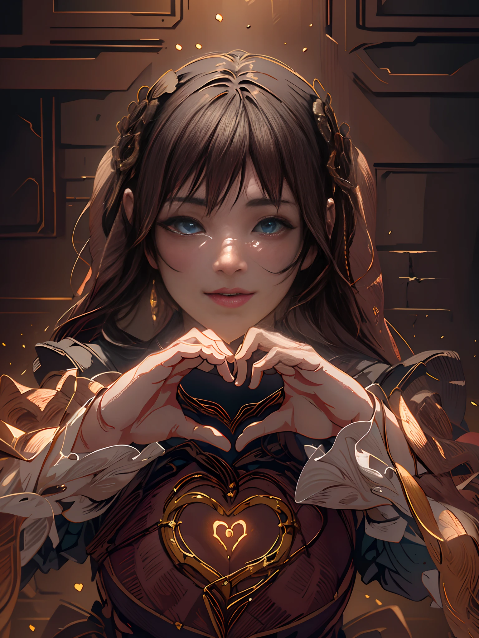 cute girl making a heart with her hands in front of a wall, Illustration, cinematic light, high resolution, best quality, ultra detailed, masterpiece,