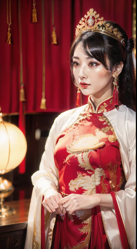 China-style，a chinese wedding，Hanfu bridal outfit，A woman in a red and gold dress，Phoenix crown，depth of fields，Real light，Ray traching，OC renderer，UE5 renderer，Hyper-realistic，best qualtiy，8K，Works of masters，super-fine，Detailed pubic hair，Correct anatomy