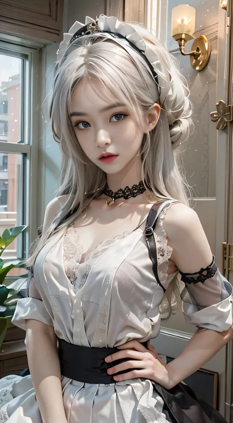 Photorealistic, High resolution, 1womanl, Solo, hips up high, view the viewer, (Detailed face), White hair, Long hair, maid clothes, Jewelry、a miniskirt、）（off shoulders）、Front opening、（（Skirt up with both hands（））（up skirt）、（Lace panties）