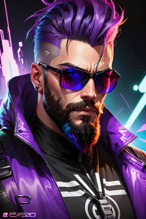 A man with a beard and sunglasses, Cyberpunk art of a, funk art, Stunning gradient colors, stylized portrait h 704, Pompadour, twitch streamer, cool colours. insanely details, T-800, No watermark signature, plethora of colors, outrun