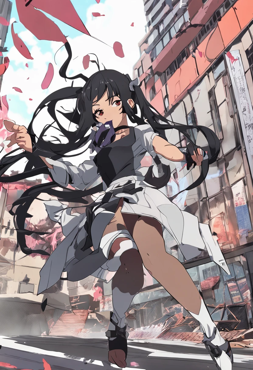 Anime girl with long black hair running in the street - SeaArt AI