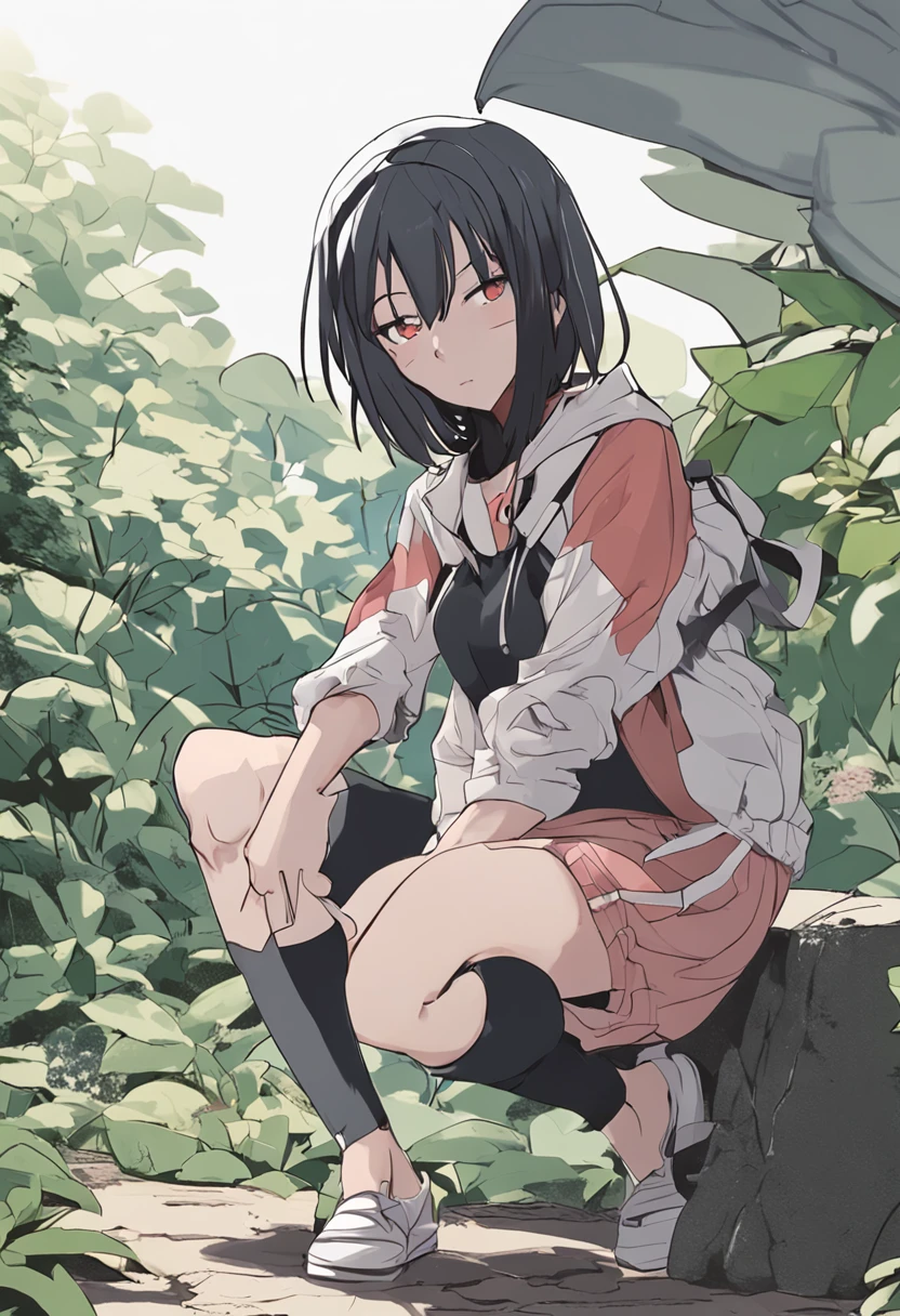 Anime girl sitting on a rock in the woods with a backpack - SeaArt AI