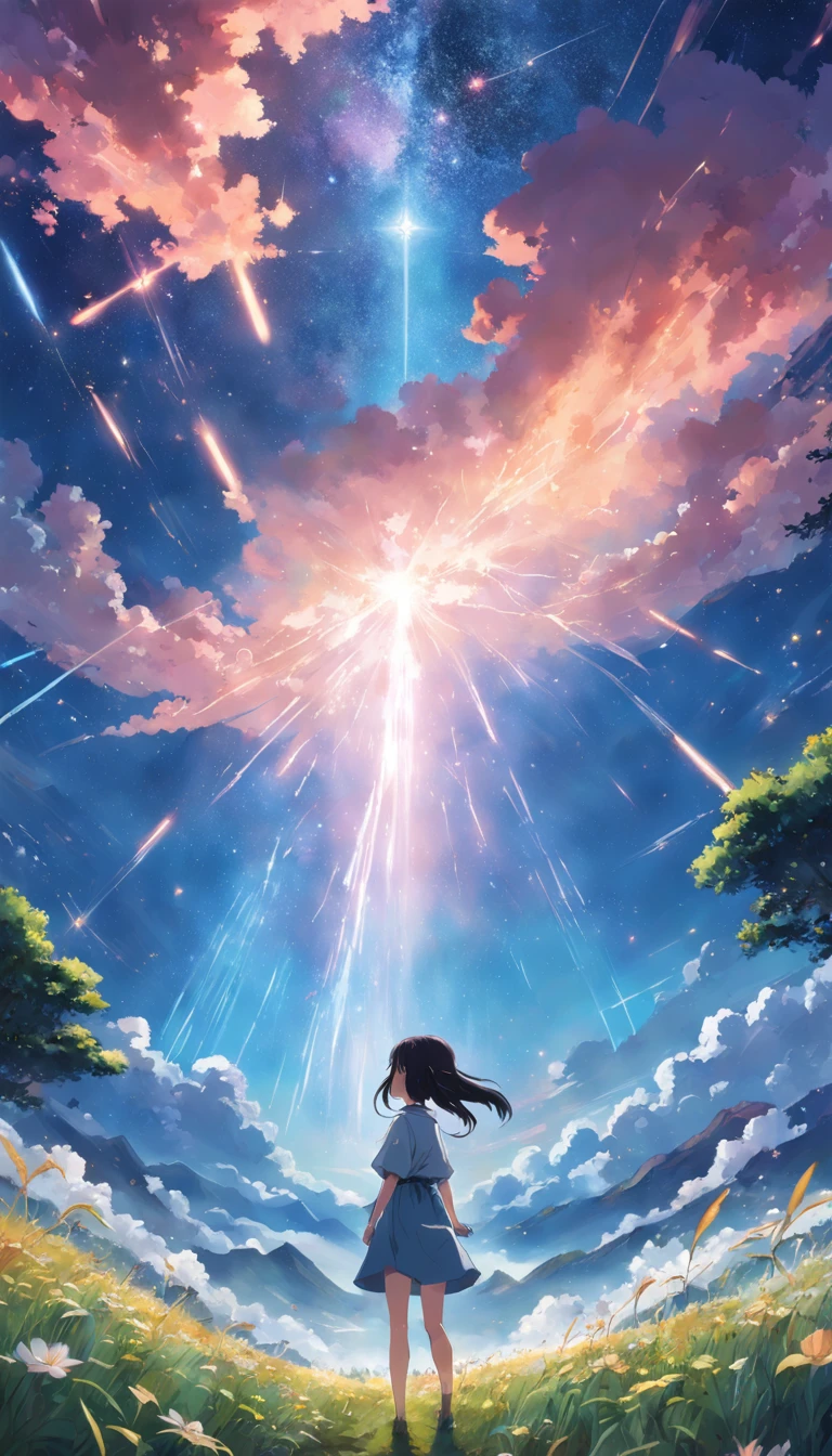 Makoto Shinkai, Expansive landscape photograph , (View from below，Displays the sky above and the clearing below), a girl standing on flower field looking up,  ( meteors:0.9), (Starcloud:1.3), Far Mountain, Tree forest BREAK Production Art, (stars daytime sky:1.2), (Firefly:1.2), stars daytiime sky
