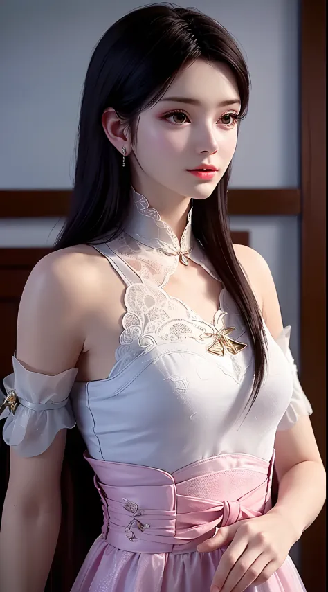 1 beautiful girl wearing ancient costumes, ((pink and light white outfit: 0.8)), long and silky black hair, hair jewelry and nec...