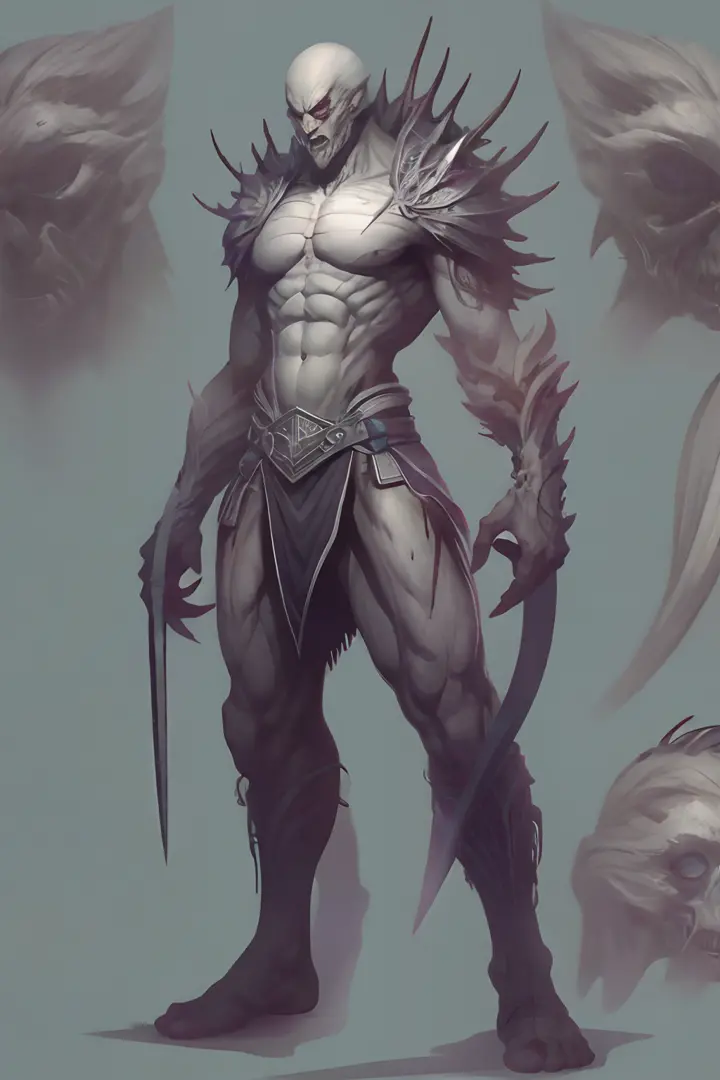 Game character standing drawing design，Hell monsters，short，Strong limbs，Muscle explosions，Covered with scales and barbs，cunning，shadowy，uncanny，terroral，scythe，Fighting posture，（full bodyesbian：1.4），with black background，clean backdrop，depth of fields，high...