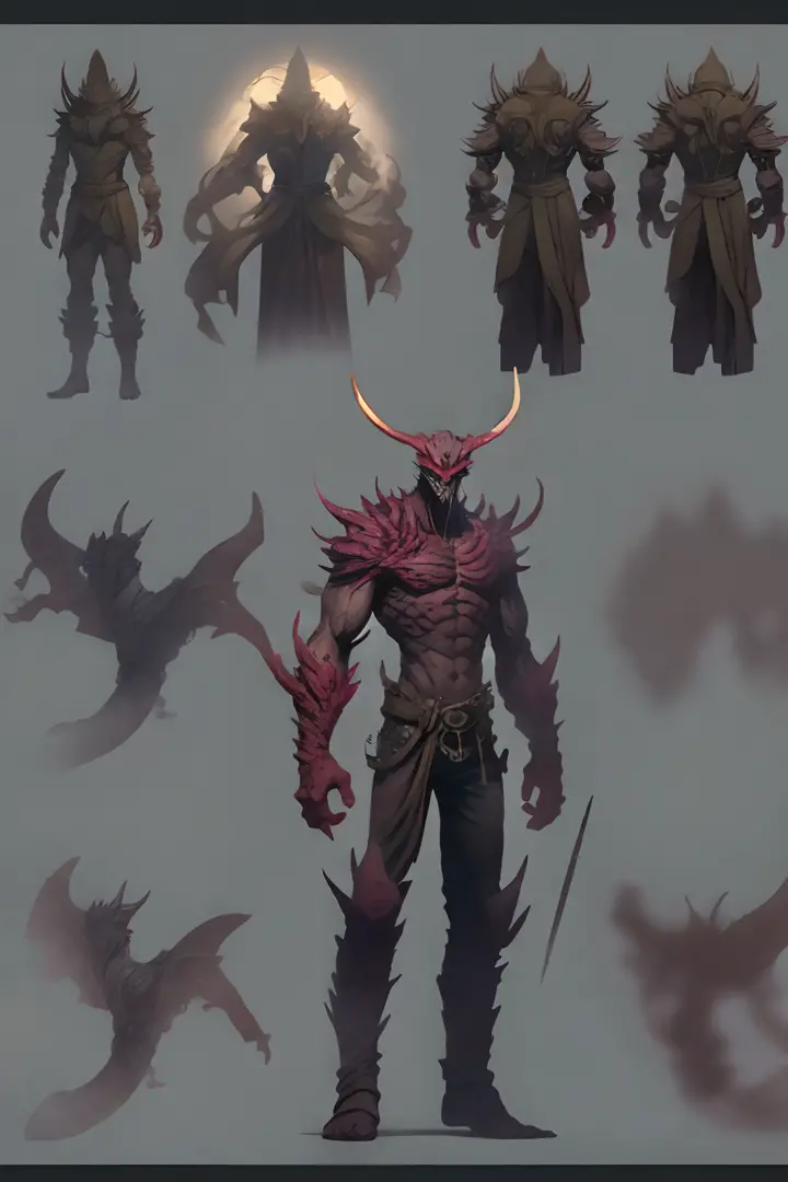 Game character standing drawing design，Hell monsters，short，Strong limbs，Muscle explosions，Covered with scales and barbs，cunning，shadowy，uncanny，terroral，scythe，Fighting posture，（full bodyesbian：1.4），with black background，clean backdrop，depth of fields，high...