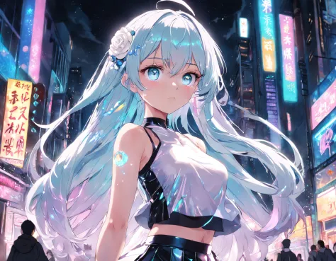 Realistic, Anime style, 1girll, holographic hair, Heterochromic eyes, Glowing eyes, Holographic crop top, Hologram skirt, parted lip, Blush, Night, White roses, pastels, glitters
