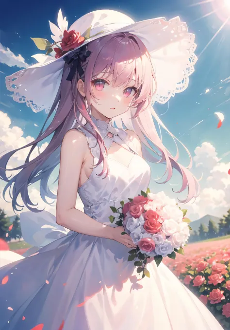 ((masterpiece, best quality)), 1girl, flower, solo, dress, holding, sky, cloud, hat, outdoors, bangs, bouquet, rose, expressionl...