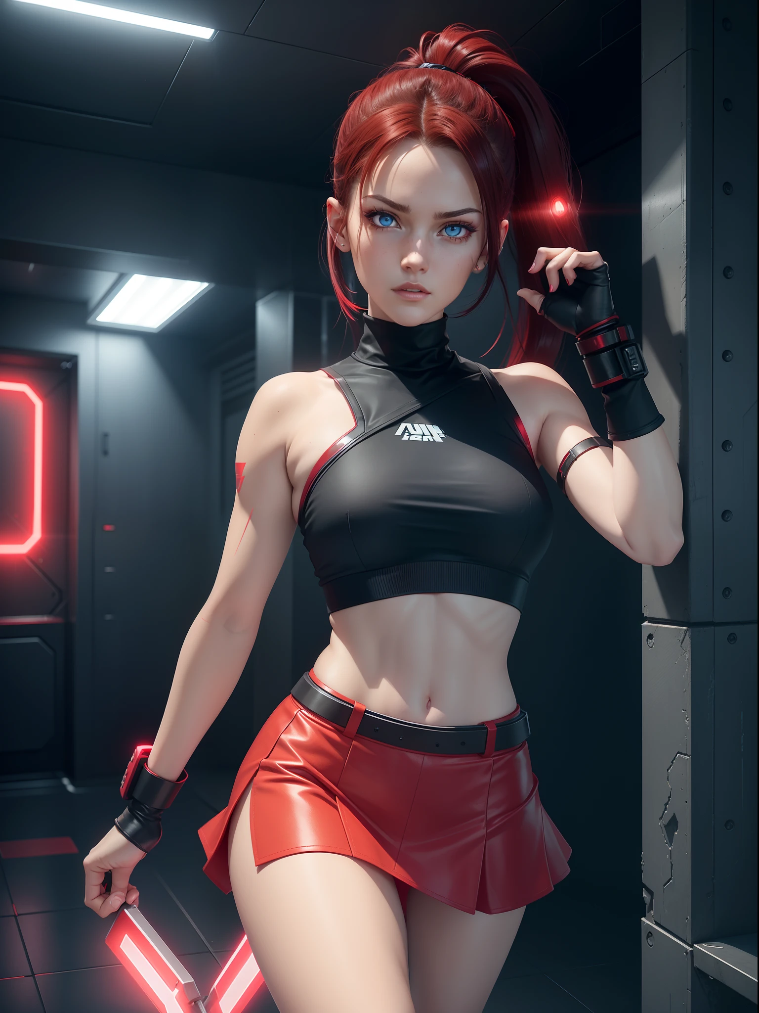 Full body cyber girl with a ponytail. Bright Red color to show she's a cyber girl. clothing like tomb raider but with a skirt. She also has blue eyes. The environment is terminator like. Hair is black. She is lit with the bright red color on one side of her face. Led like.  And both hands have the led light too.