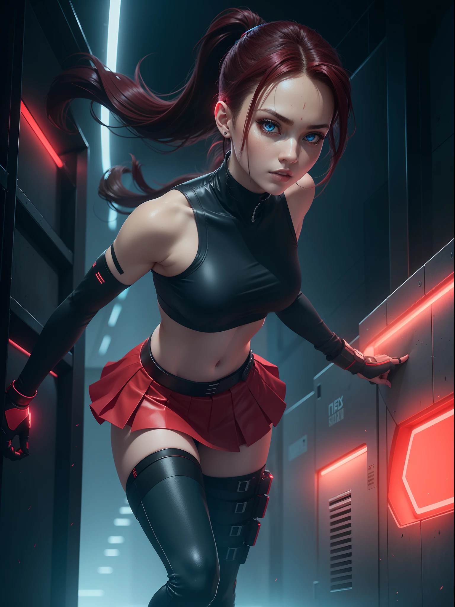 Full body cyber girl with a ponytail. Bright Red color to show she's a cyber girl. clothing like tomb raider but with a skirt. She also has blue eyes. The environment is terminator like. Hair is black. She is lit with the bright red color on one side of her face. Led like.  And both hands have the led light too.