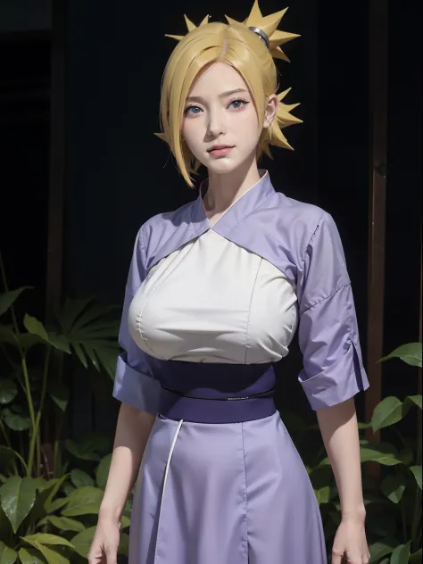 1girl, temari in anime naruto, short hair, yellow hair, blue eyes, smile, beautiful, sexy clothes, sexy dress, white clothes, ve...