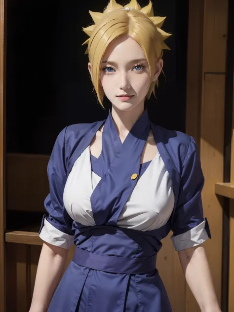 1girl, temari in anime naruto, short hair, yellow hair, blue eyes, smile, beautiful, sexy clothes, sexy dress, white clothes, ve...