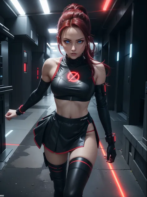 Full body cyber girl with a ponytail. Bright Red color to show she's a cyber girl. clothing like tomb raider but with a skirt. S...