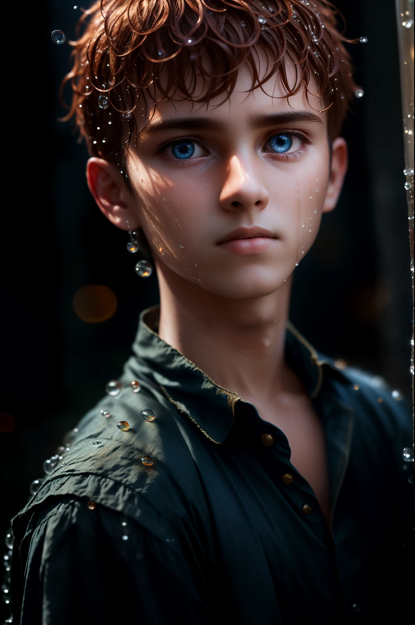 (sharp-focus:1.2), Award-winning photograph of a young peasant boy, water droplets, thunderstorm outside, lightning back lighting, , Extremely detailed skin, Sadness, hopelessness ,Clear Eyes, (deep-shadows:1.1), High contrast, Beautiful eyes, absurdress, 8K, (hiquality:1.3), , artstation hd, Concept art, detailed face and body, Award-winning photography, (moody lighting:1.2), Depth of field, bokeh, 4k, HDR