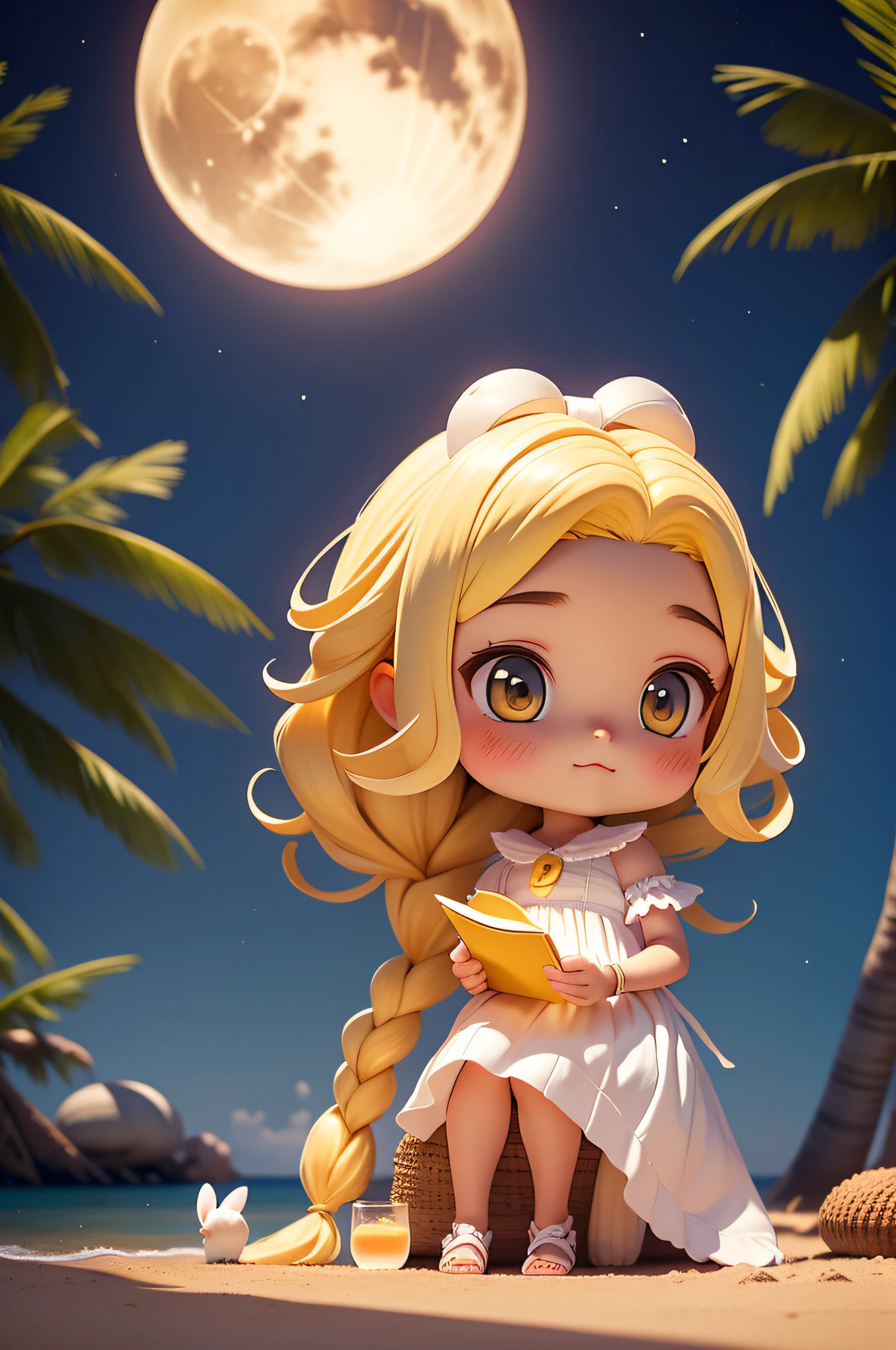 tmasterpiece, best qualityer, 1 young girl, long whitr hair，Yellow hair，white dresses，A couple of cute rabbits，sandbeach，Sit and read，the night，There is 1 super-large Full Moon in the sky，coconut palms，pixar-style，Disney  style，