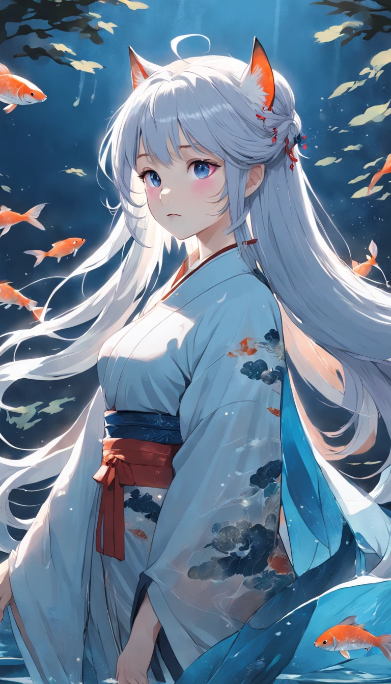 Traditional chinese painting, lotuses, Hanfu, maxiskit, dress conservatively 1 girl, solo, whaite hair, long whitr hair, fox ear, white colors, The fish, Many fish are close to the girl, looking at viewert, Titillating，rays of moonlight，starrysky