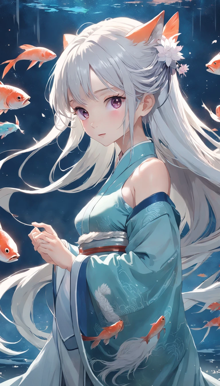 Traditional chinese painting, lotuses, Hanfu, maxiskit, dress conservatively 1 girl, solo, whaite hair, long whitr hair, fox ear, white colors, The fish, Many fish are close to the girl, looking at viewert, Titillating，rays of moonlight，starrysky