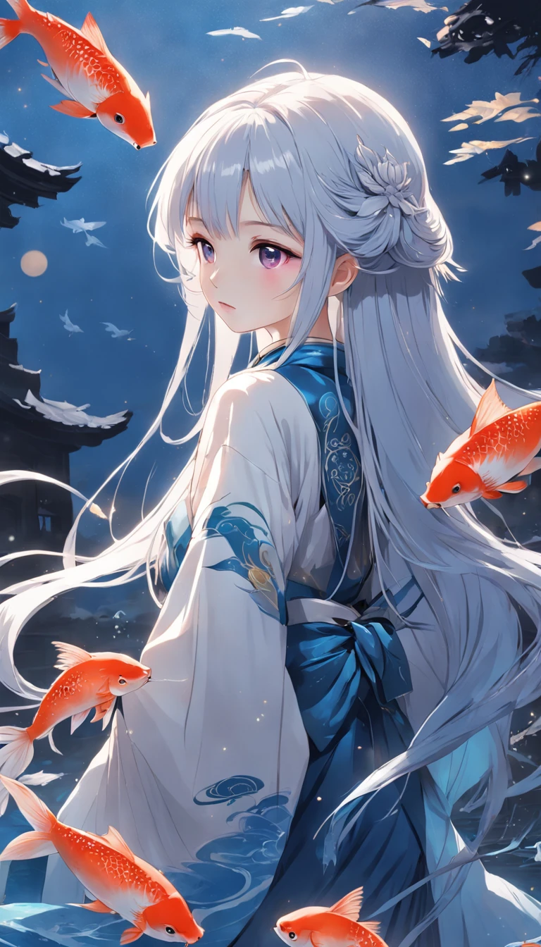 Traditional chinese painting, lotuses, Hanfu, maxiskit, dress conservatively 1 girl, solo, whaite hair, long whitr hair, fox ear, white colors, The fish, Many fish are close to the girl, looking at viewert, Titillating，rays of moonlight，starrysky