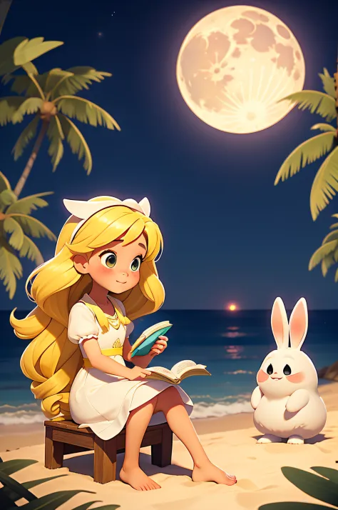 Cartoon girl sitting on bench reading with rabbit, lovely art style, Splash art anime Loli, Cute detailed digital art, Digital a...