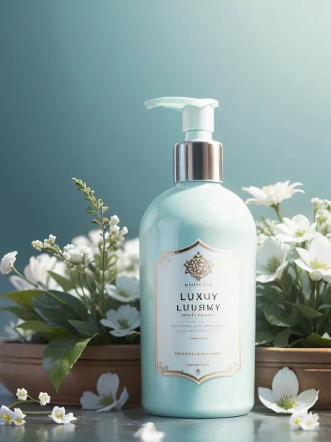 White luxury bath lotion, A bright light blue background, Green plants, White flowers, A delicate luster, Centered composition, Studio lighting, HD4K, Sense of reality, Inoguchi Ki, Commercial photography, Super detail --auto --s2
