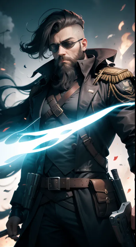 An adult male revolutionary leader，Wearing an eye patch on the left eye, Wears a long black coat, With a beard, Carry a firearm, There will be an army behind him, Charismatic, Powerful and very dangerous