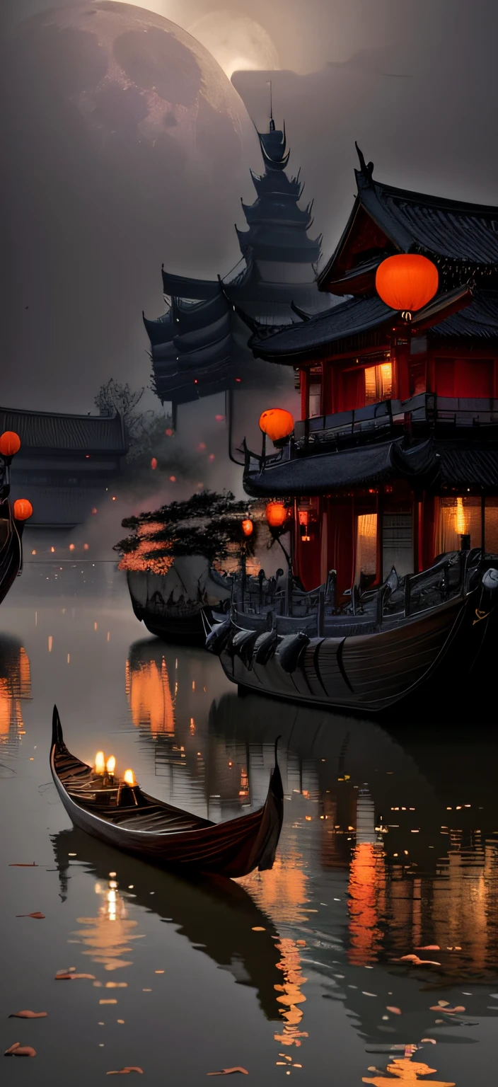 There was a boat floating in the water，The background is the full moon。, dreamy Chinese towns, andreas rocha style, the style of andreas rocha, inspired by Andreas Rocha, background artwork, cyberpunk chinese ancient castle, Beautiful rendering of the Tang Dynasty, floating chinese lampoons, Beautiful digital artwork, author：Andreas Rocha, painted by andreas rocha