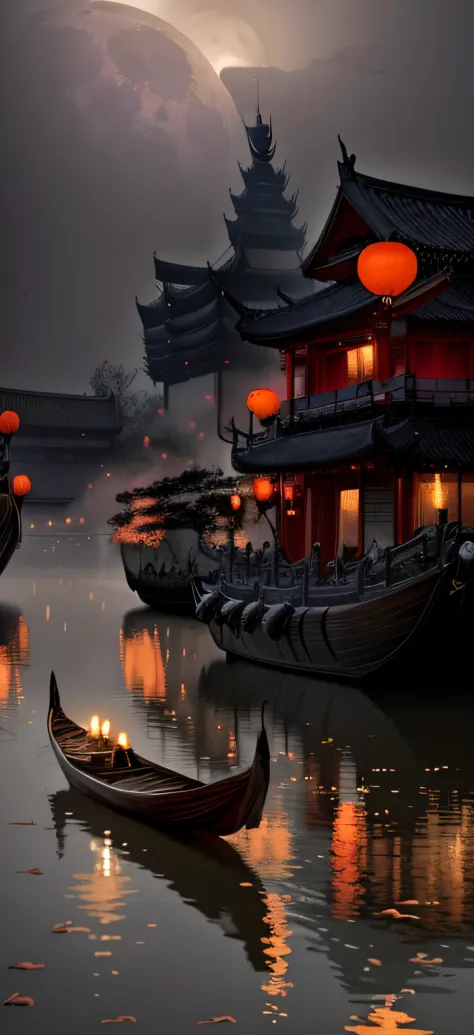 There was a boat floating in the water，The background is the full moon。, dreamy Chinese towns, andreas rocha style, the style of...