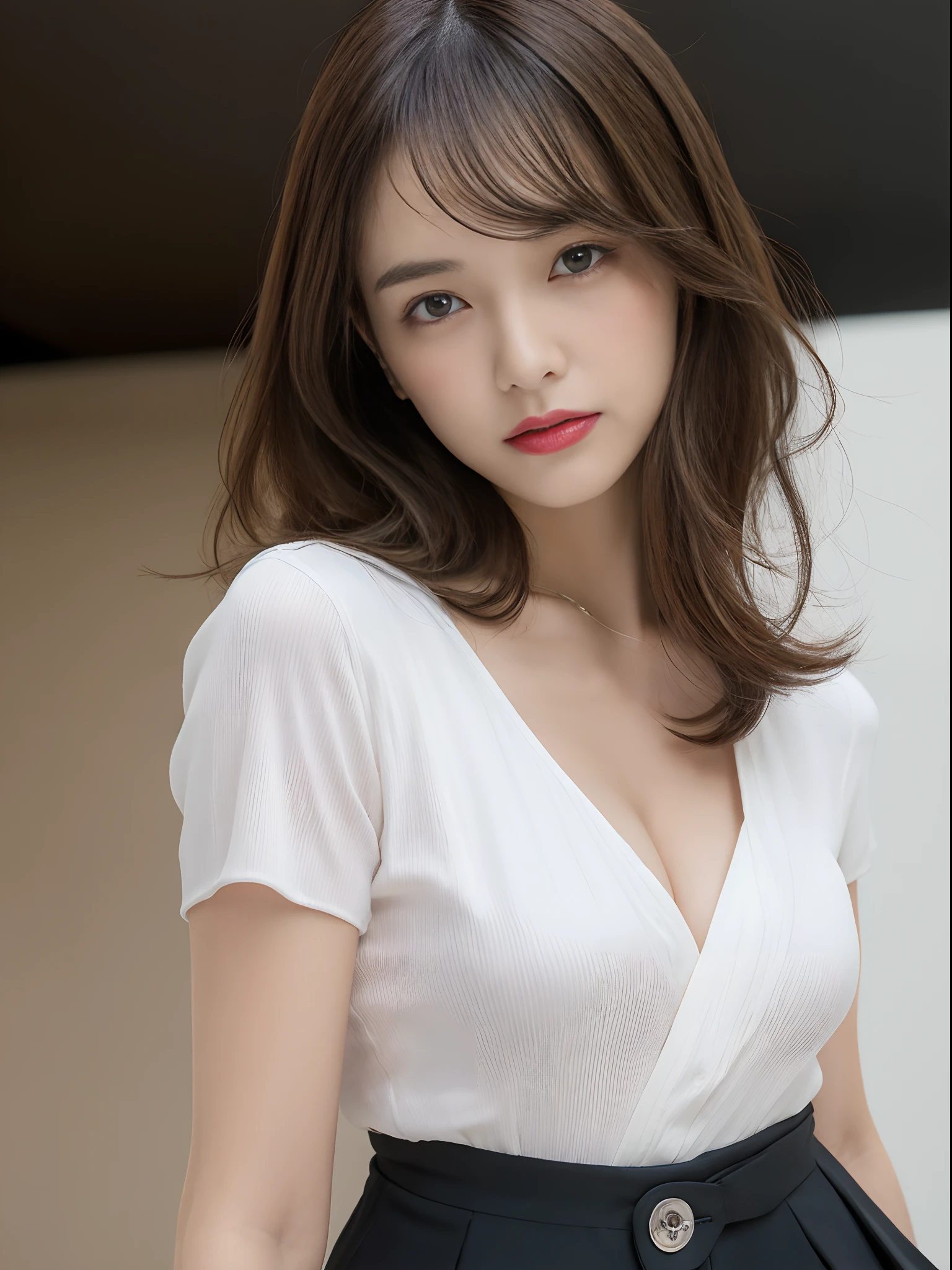 1girl in, NSFW,Spread legs,(masturbation, Bullet Vibrator:1.1)(Best Quality, High resolution, masutepiece :1.3), A tall and pretty woman, Slender Abs, Dark brown hair styled in loose waves, Large breasts,  Standing, cleavage of the breast, wearing pendant, White button up shirt, Belt bag, Black skirt, (Modern architecture in background), Details exquisitely rendered in the face and skin texture, Detailed eyes, double eyelid