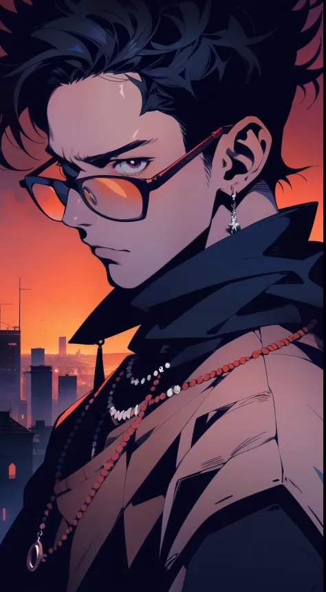 Anime guy with glasses and a necklace around his neck, handsome guy in demon killer art, Anime portrait of a handsome man, Handsome anime pose, kentaro miura art style, male anime character, Male anime style, young anime man, Anime handsome man, kentaro mi...