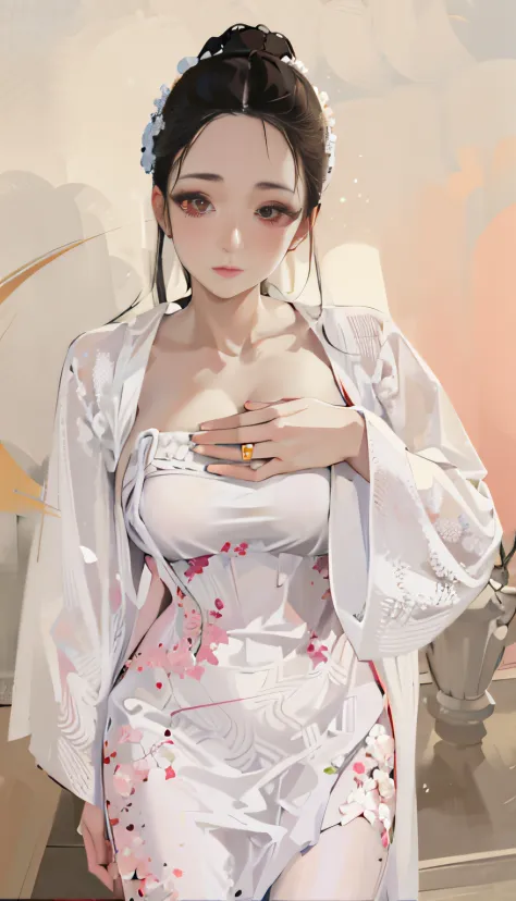 araffe woman in a white dress posing for a picture, smooth white tight clothes suit, flowing sakura silk, Open V chest clothes, ...