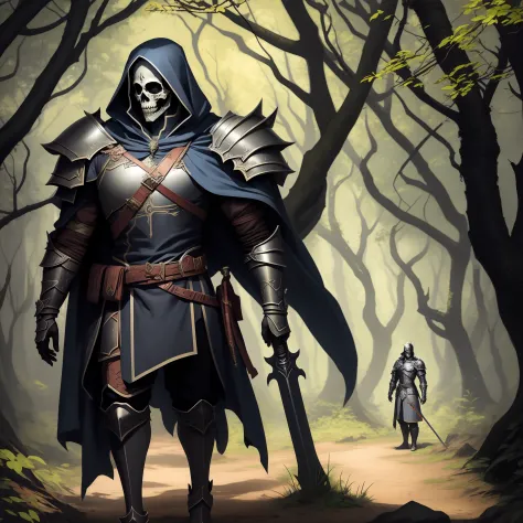 an undead warrior in a dark forest with a green sword and armor, but not a skeleton, in full height, artgerm