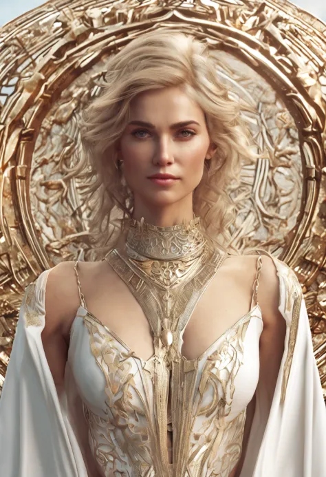 (Best quality, 8k, masterpiece: 1.3), ultrarealistic photo, full-shot, photrealism, blonde Greek goddess, medium hair, Greek clothes, white clothes, greek face, realistic skin, pores, slim body, Middle Ages, medium breast, perky breast, see-through top, me...