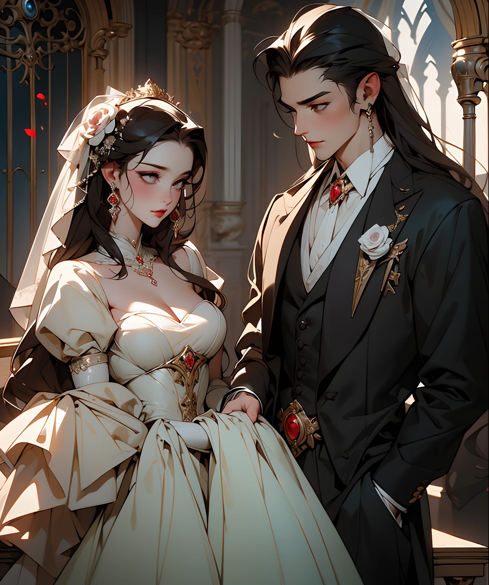 (highest quality, masterpiece), a beautiful wedding between Dracula and his bride Mina, baroque, gothic, elegant, perfect composition, best exposition, HDR, dramatic, rya tracing, professional photography, immense details