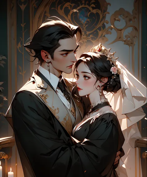 (highest quality, masterpiece), a beautiful wedding between Dracula and his bride Mina, baroque, gothic, elegant, perfect compos...