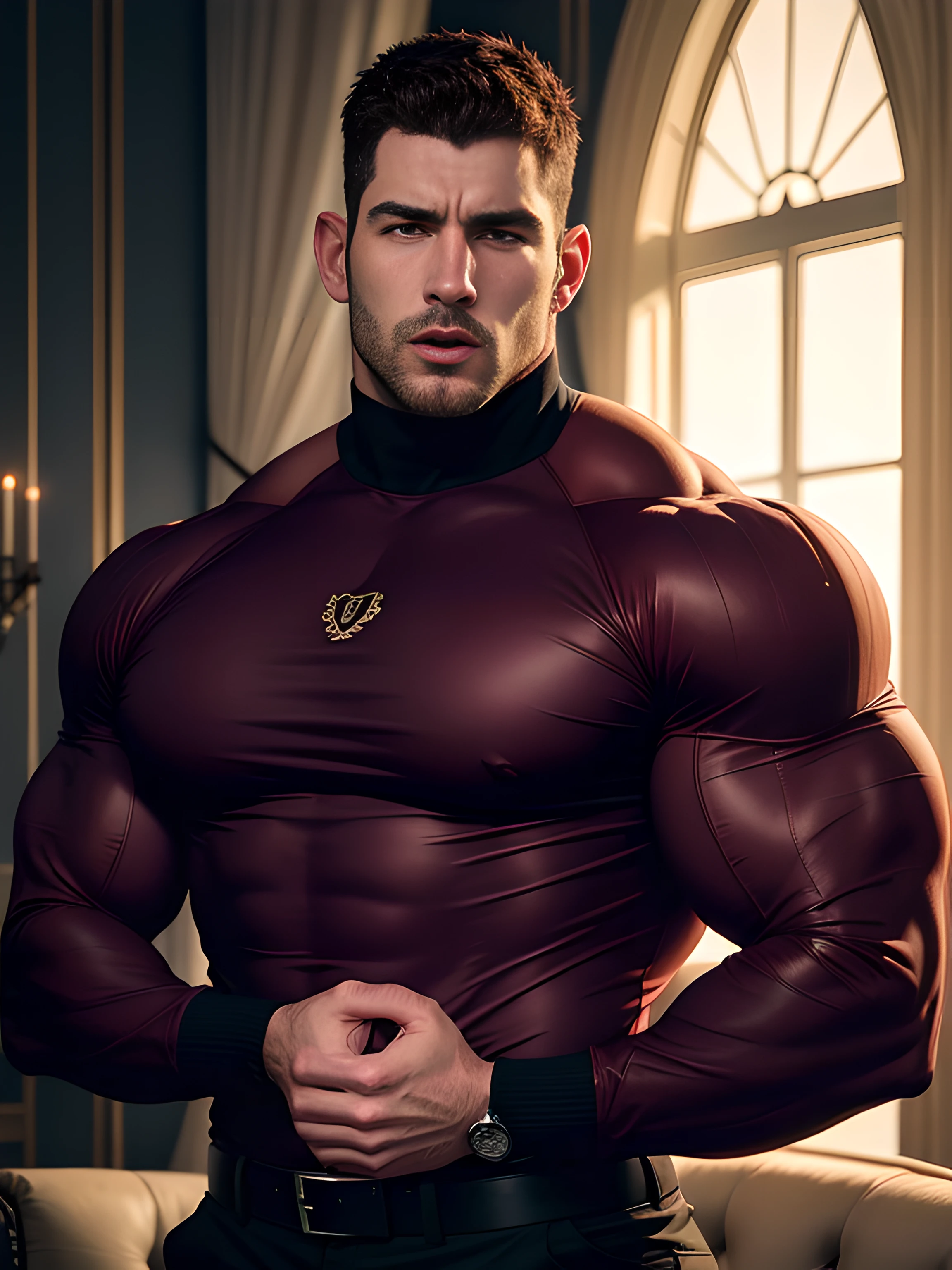 Muscular security guard with open mouth，Chris Redfield，He wears a long-sleeved turtleneck sweater，He had sad eyes in his eyes，Grievanced frown，Emerald charming eyes，Tall and burly，musculous！Tall, Burly and strong， Extremely detailed depiction of faces，Exquisite facial features，super gain and cool， commission for high resolution， Attractive strong men，Luxurious warmth in burgundy tones，He was in the luxurious living room
