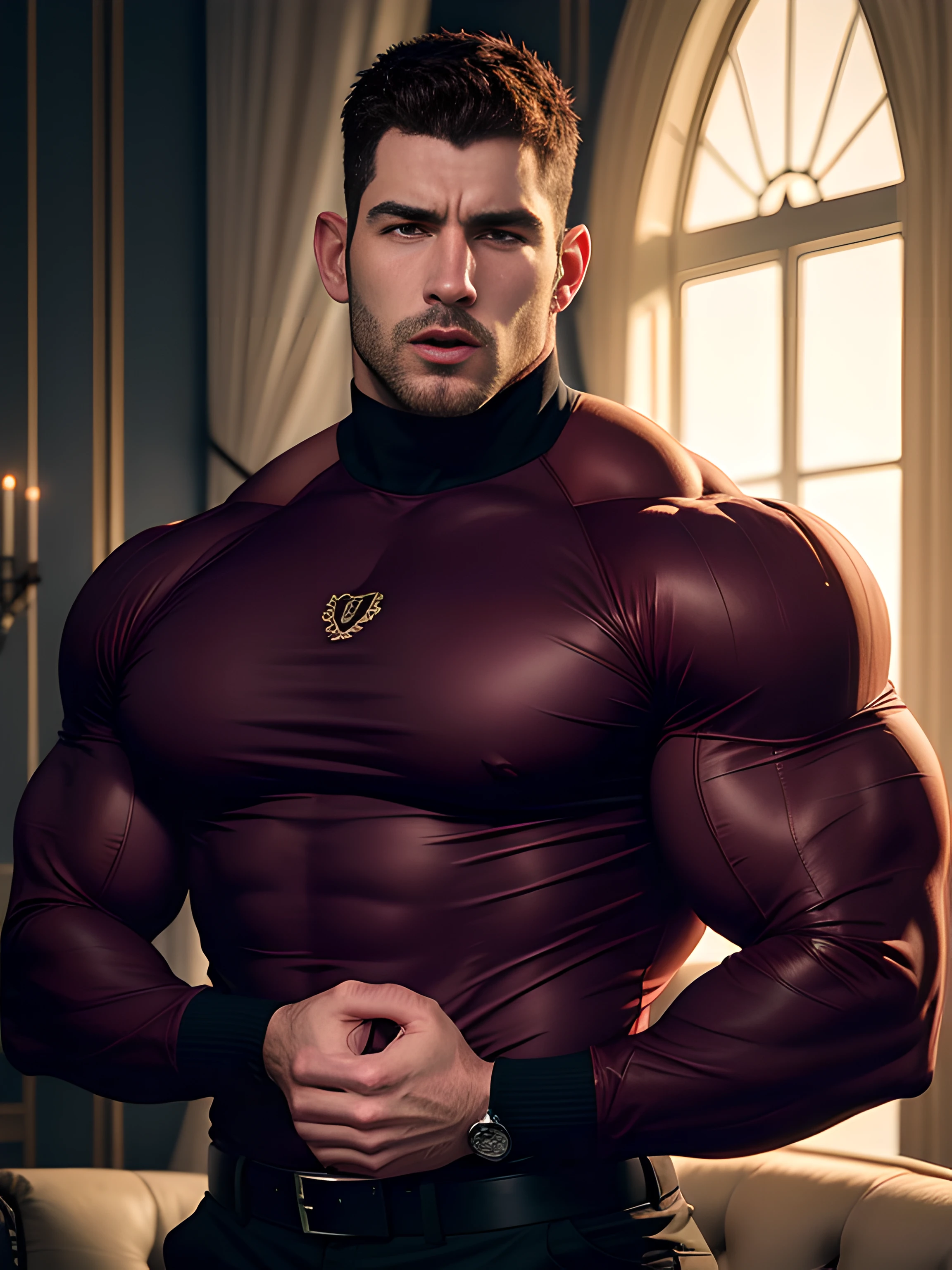 Agent de sécurité musclé avec bouche ouverte，Chris Redfield，Il porte un pull à col roulé à manches longues，Il avait des yeux tristes dans les yeux，froncement de sourcils mécontent，Yeux charmants émeraude，grand and burly，musclé！grand, Costaud et fort， Représentation extrêmement détaillée des visages，traits du visage exquis，Super gain et cool， commission pour la haute résolution， Des hommes forts et attirants，Chaleur luxueuse dans des tons bordeaux，Il était dans le salon luxueux