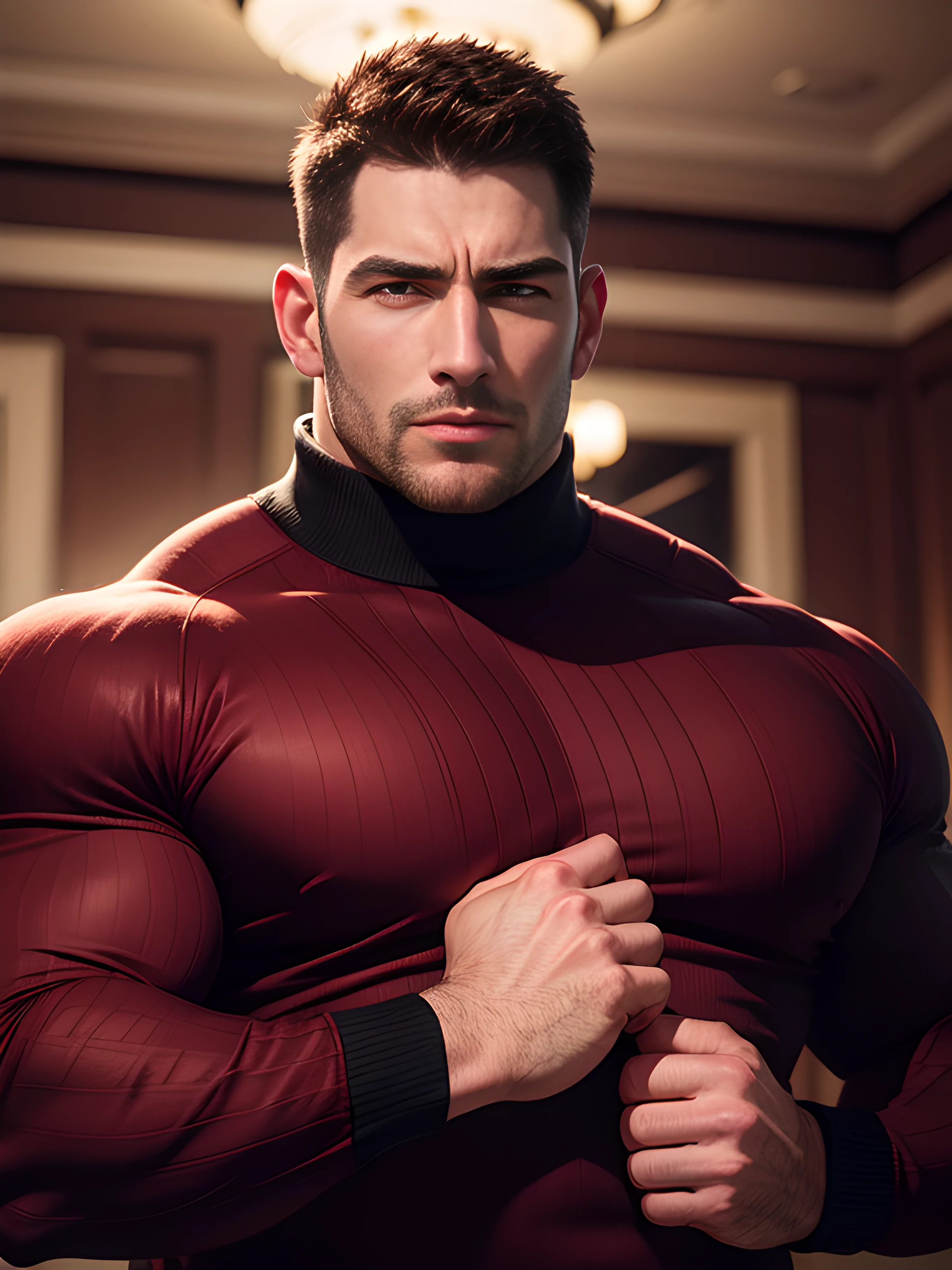 Muscular security guard with open mouth，Chris Redfield，He wears a long-sleeved turtleneck sweater，He had sad eyes in his eyes，Grievanced frown，Emerald charming eyes，Tall and burly，musculous！Tall, Burly and strong， Extremely detailed depiction of faces，Exquisite facial features，super gain and cool， commission for high resolution， Attractive strong men，Luxurious warmth in burgundy tones，He was in the luxurious living room