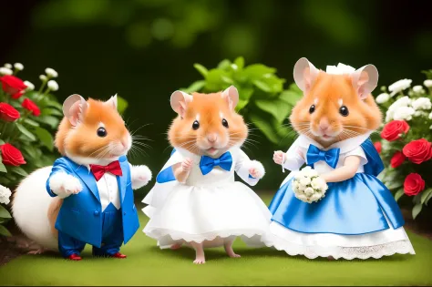 A cute fluffy red hamster dressed like a groom in blue satin tuxedo. A cute fluffy red hamster dressed like a bride, creamy white with whitelong veil. Wedding ceremony of hamsters, Pixard style. Garden with flowers as background. Highly detailed, cinematic...