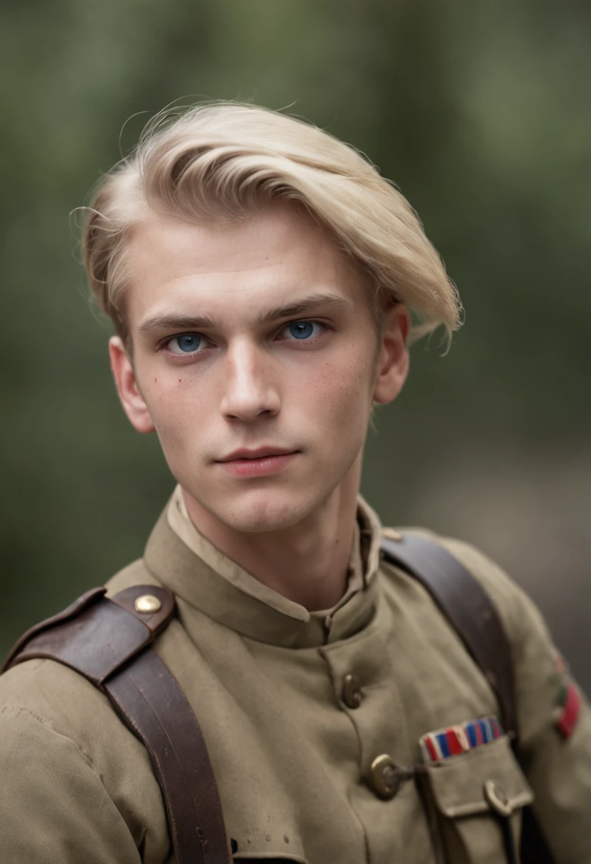 A young German male soldier，blonde with blue eyes，Handsome face，With a steel helmet，Walk in a run-down city，There was blood and fire all around。