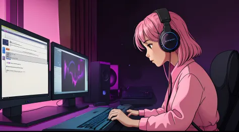 lofistudy, 1girl in, across, Typing, A pink-haired, brown-eyed, a chair, a computer, headphones, interiors, keyboard_\(a compute...