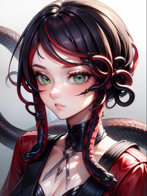1girl,solo focus,(snake hair:1.2), red hairs,medium hairs, green eyes,portrait