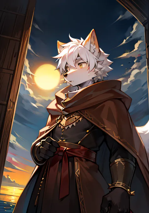 (Dark environment 0.8),（Wide angle lens 1.5）,tmasterpiece,high qulity,multi-detail,number art,The blazing sun covers the sea,Dusk,furry wolf,Facing the sea,Bow to the sun,Face away from the camera,Look at the sun,Solo,Furry male,Fluffy tail,Fluffy ears,Whi...