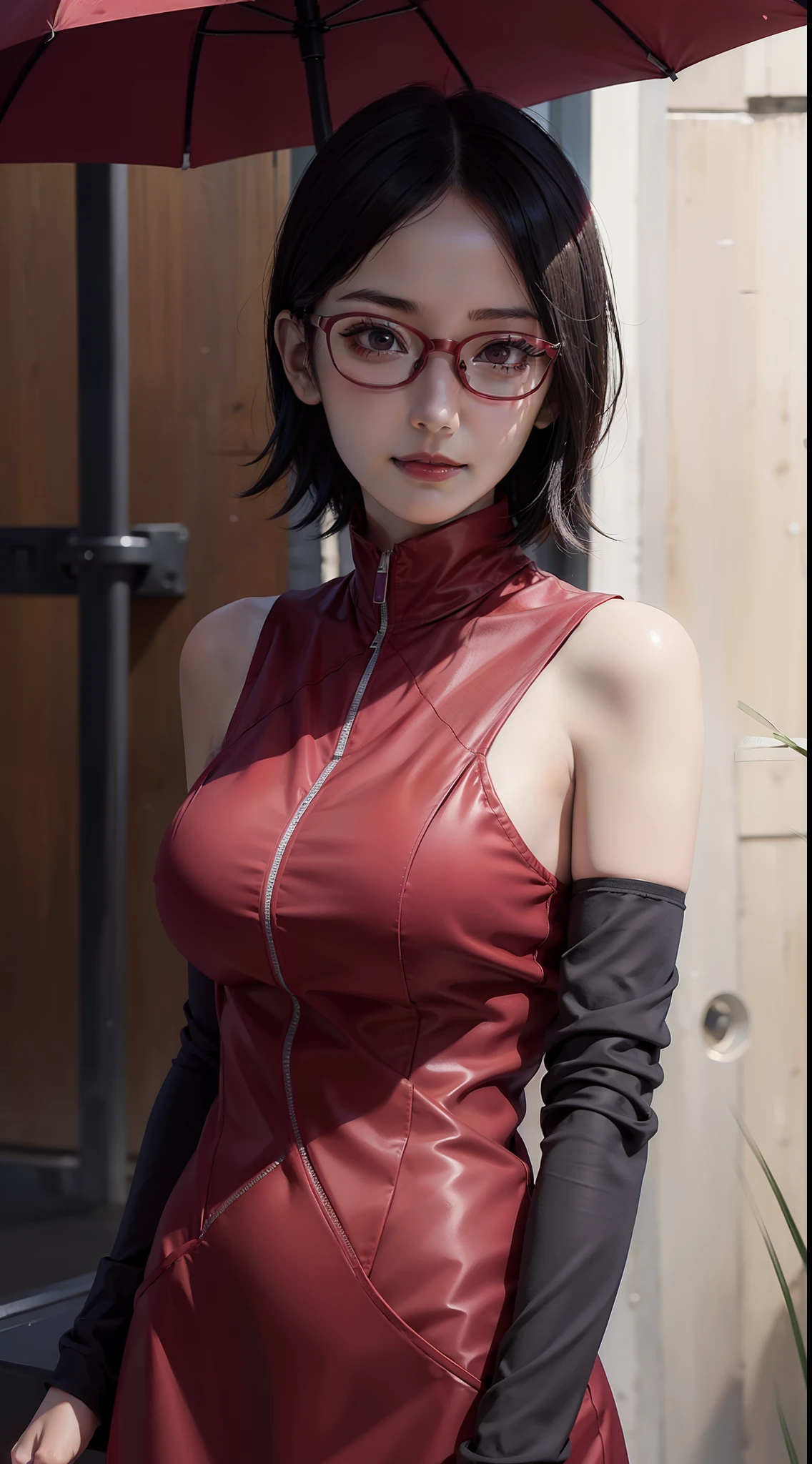 1 chica, uchiha sarada in anime boruto, cabello corto, pelo negro, Ojos cafés, Usando lentes rojos, sonrisa, hermoso, ropa sexy, vestido sexy, ropa roja, pecho muy grande, Realista clothes, ropa morada, fondo al aire libre, ultra detalle, Realista