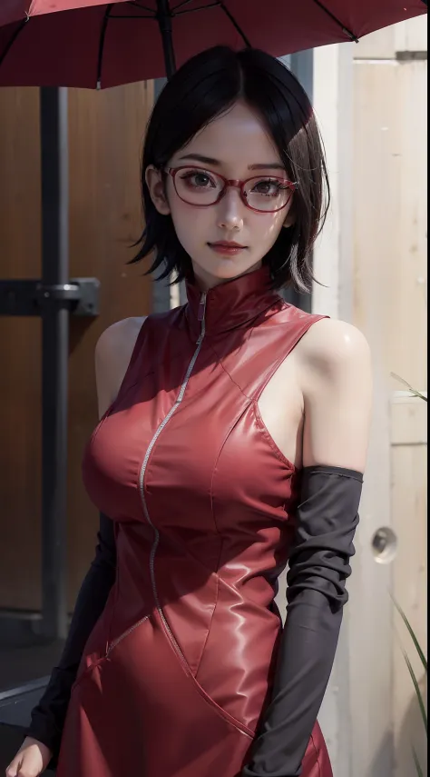 1girl, uchiha sarada in anime boruto, short hair, black hair, brown eyes, wearing red glasses, smile, beautiful, sexy clothes, s...