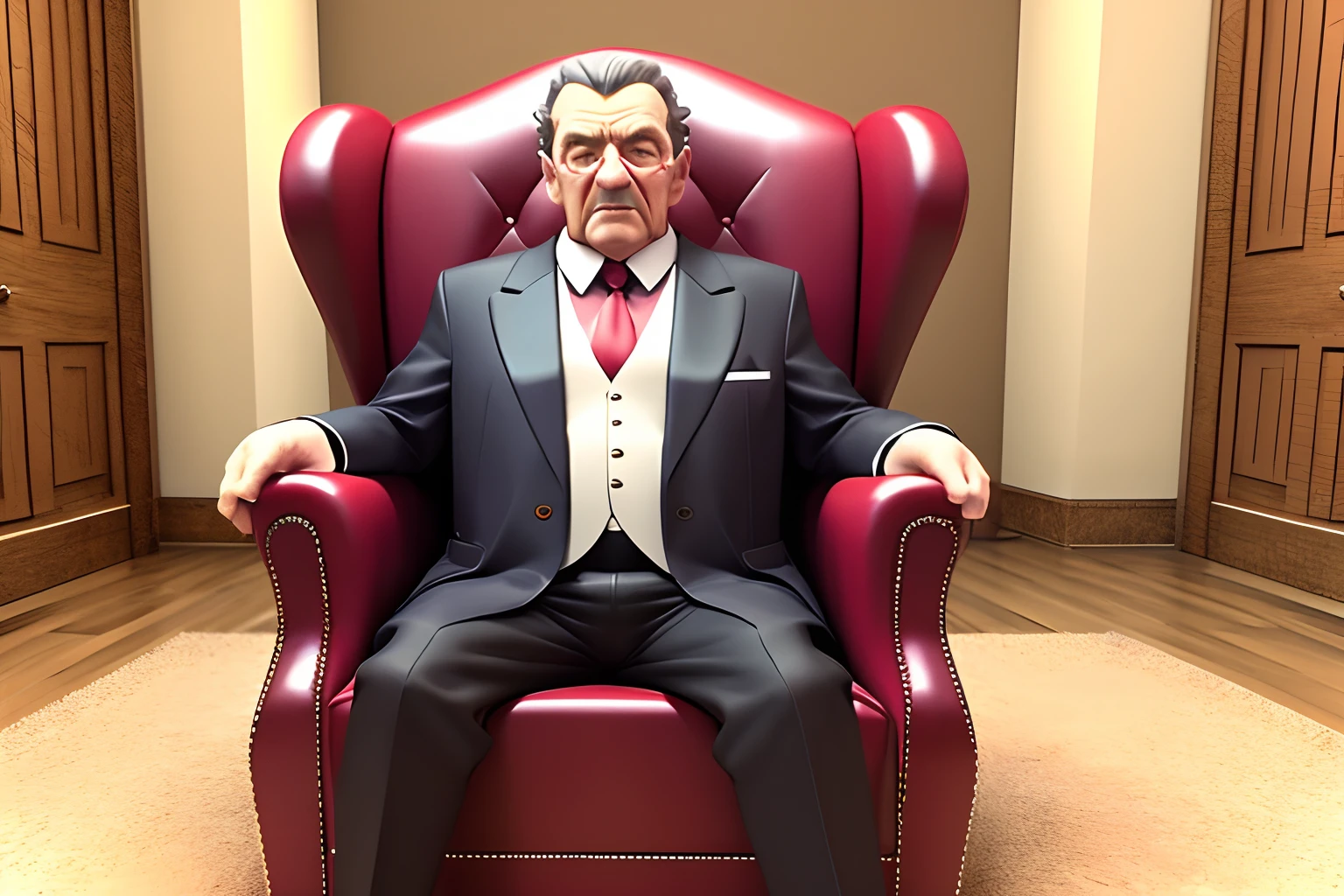 Alter fetter Pate Mafia-Kater sitzt im Ledersessel, 3D-Video-Rendering, Pixar-Charakter