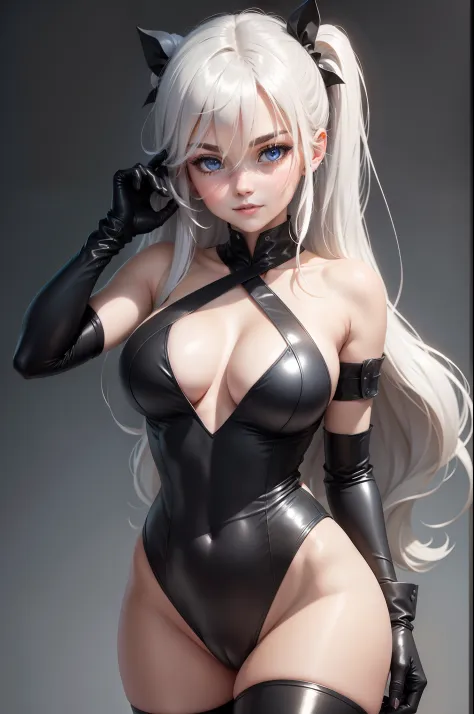 1girl, black heart, long hair, breasts, solo, hand on hip, rating:safe, very long hair, symbol-shaped pupils, leotard, elbow gloves, power symbol, looking at viewer, cleavage cutout, cleavage, gloves, smile, simple background, white hair, bare shoulders, w...